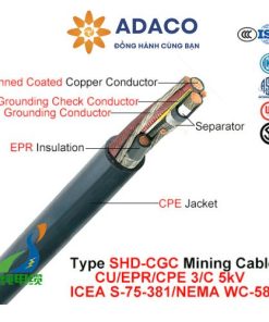 Cáp điện di động ba pha thân tròn SHD-CGC 5kV dùng cho các máy móc khai thác khoáng sản